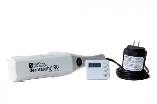 Dermalight handheld phototherapy device with timer and plug