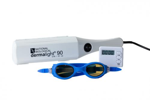 Dermalight handheld phototherapy device includes timer and goggles